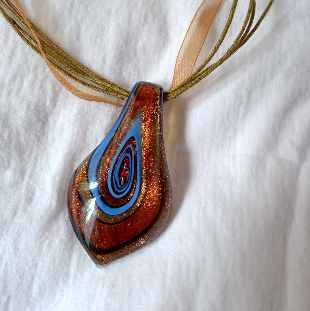 HANDMADE glass pendant, large copper gold blue swirl sparkle glitter pendant